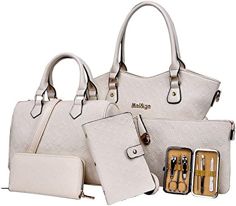 YipGrace Women Multi-purpose Classic Design 6 Piece Tote Bag Pu Leather Handbag Purse Bags Set Shoulder Handbag White