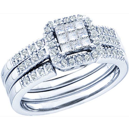 14k White Gold Engagement Princess & Round Diamond Invisible Set Engagement Bridal Ring Set 1/2 Ct (0.50 Cttw)