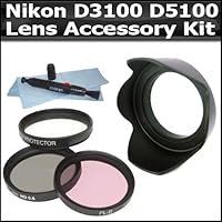52mm Lens Accessory Bundle Kit For Nikon D3100 D5100 Digital SLR Camera Includes 52mm 3pc High Resolution Multi Coated Filter Kit + 52mm Lens Hood + Lens Pen Cleaning Kit