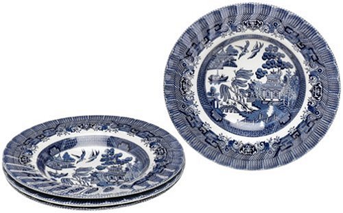 Churchill China Royal Wessex Blue Willow 9-Inch Rimmed Soup Bowls, Set of 4