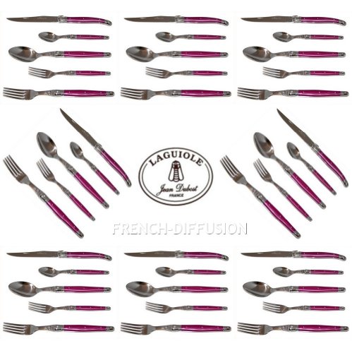 Authentic French LAGUIOLE® - COMPLETE 40 pcs flatware set - PINK color - in HEAVIER 25/10 stainless steel - blade : 2.5 mm thick: very sturdy! (official genuine Laguiole Jean Dubost full family quality dinner table fuchsia colour cutlery setting for 8 people - with CERTIFICATE of AUTHENTICITY - direct from FRANCE) - SUPER BARGAIN SALE!