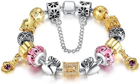 Trusuper "Eternal Love Footprint" Vintage Silver Tone Hand-painted Glass Bead Charm Bracelet, 20cm
