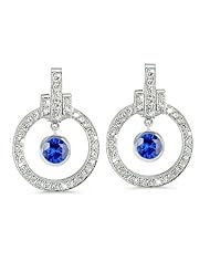 Round Diamond Earrings With Bow Embellishments In 18K White Gold With A 0.95 ct. Genuine Blue Sapphire Center Stone.