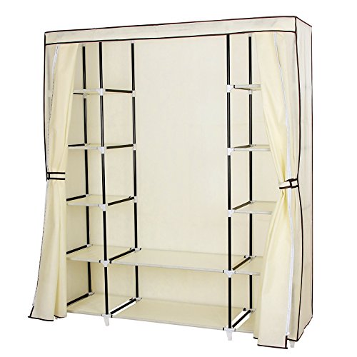 Songmics 59" Portable Clothes Closet Wardrobe Storage Organizer with Curtain and 12 Shelves Beige URLG45M