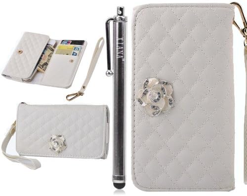 Kingsource (TM) Elegant Lady Handbag Style Wallet Leather Case with Credit Card Slots Suitable For Apple iphone 5 5g 5s Crystal Flower Bling and Hand Strap Luxury Fashion Handbag Metal Chain Style PU Leather Wallet Case for Apple iphone 5 5g 5s with 1 Screen Protector, 1 Stylus and 1 Microfiber Sticker Digital Cleaner (iPhone 5 5s white)