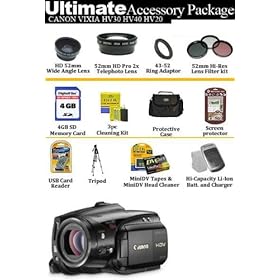 Canon VIXIA HV40 HD HDV Hard Disk Drive High Definition Camcorder With Ultimate HV40 Accessory Bundle Includes Matching Wide Angle lens, Telephoto Lens, Filters, 4GB Memory, Tripod, 4HR Battery, Charger, 5 Pack of Tapes + Much More