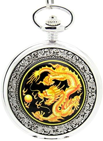Laogeshi Silver Antique Unisex Vintage Quartz Pocket Watch Golden Dragon Image