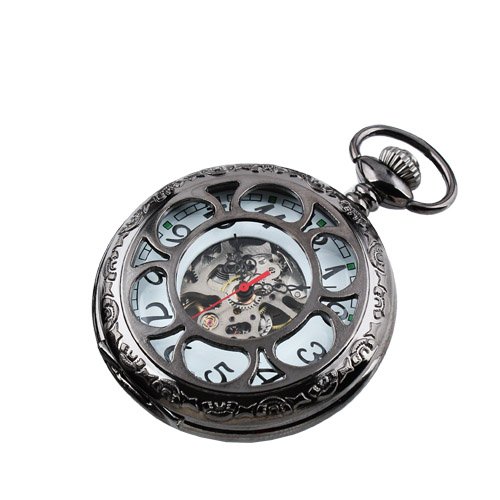 New Mens Black Stainless Steel Case White Dial Hand-Wing Up Mechanical Pocket Watch with Chain