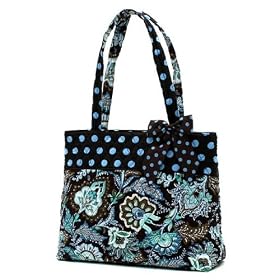 Belvah Quilted Tote Handbag - Blue Paisley in Chocolate Brown with Detachable Polka Dot Ribbon