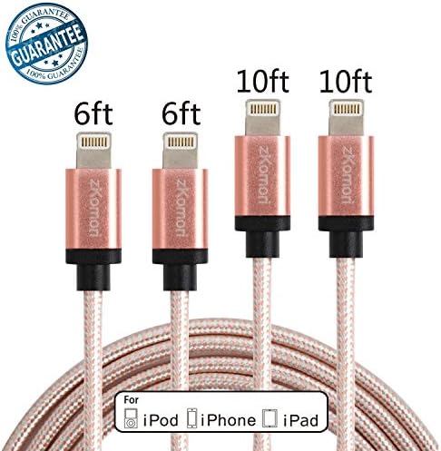 Zkomori Lightning Cable 4Pack 6ft 10ft Nylon Braided USB iPhone Cord for iPhone SE/5/6/6s/Plus/iPad Mini/Air/Pro