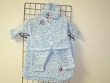 Cpk43, Any One Looking for a Gift Item for a Little Boy, Please Look At the Following. Knitted on Hand Knitting Machine Then Finished By Hand Crochet Infant Boys Outfit, Containing Blue Chenille with Denim Cotton Tweed Cardigan Sweater, Hat Set Trimmed with Star American Flag