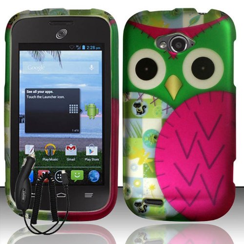 ZTE SAVVY Z750C PINK GREEN OWL BIRD COVER SNAP ON HARD CASE + FREE CAR CHARGER from [ACCESSORY ARENA]