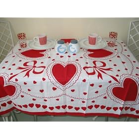 Valentine Gift Cloth Tablecloth Kitchen Linens Red Hearts Sweetheart