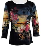 Katina Marie 3/4 Sleeve, Rhinestone Studded, Pre-Washed, Printed Cotton, Scoop Neck Black Colored Top - Sunrise