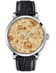 SPRAWL Aanalog Fashion Series Silver Ladies Watches of Genuine Black Leather Strap,Unique Wrist Watch for Women Girls Designed with Pattern of golden flowers