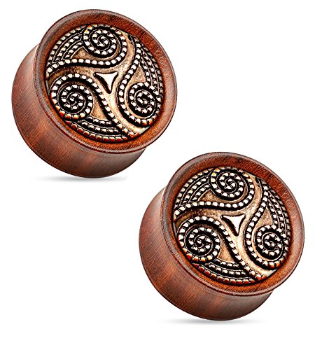 Dotted Tribal Swirl Organic Rose Wood Saddle Fit Double Flared Plugs Ear Gauges - Sold As Pair