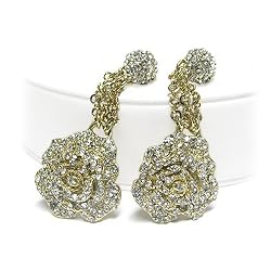 Golden Crystal Stud Flower Chain Dangle Earrings Fashion Jewelry