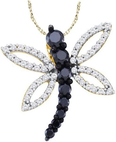10k Yellow Gold Black Colored Diamond Womens Dragonfly Insect Bug Flying Fine Pendant 18" Chain 1/2 Cttw
