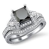 1.95ct Black Princess Cut Diamond Engagement Ring Matching Band Set 14k White Gold