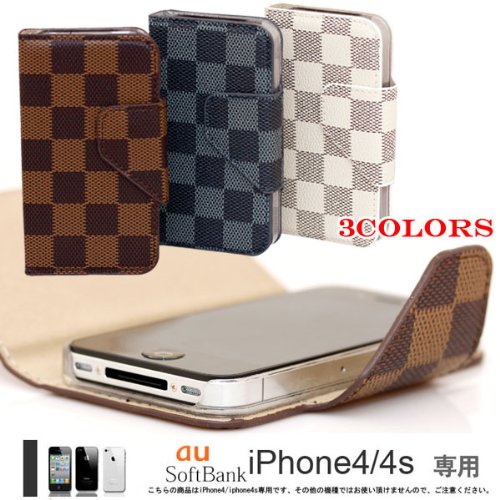 【30044】【ホワイト】【iPhone4s】【iPhone4】 専用ケース・スマホケース・横開き二つ折りケース（ ダミエ調 全3色）
