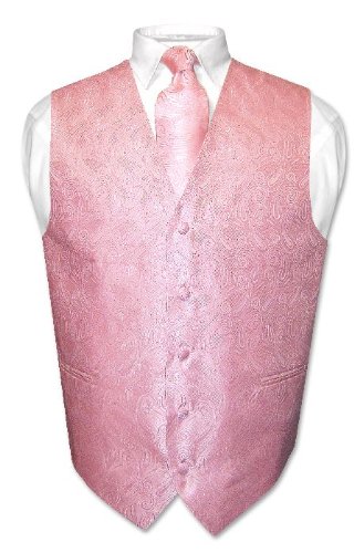 Superior Covona Men's Solid PINK Paisley Design Dress Vest NeckTie Set for Suit or Tuxedo