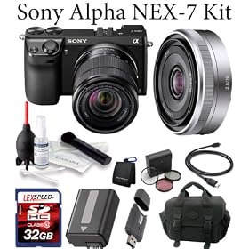 Sony Alpha NEX-7 NEX-7/B NEX-7K/B NEX7 NEX-7KB 24.3 MP Compact Interchangeable Lens Camera (Black) + Sony E-Mount SEL 1855 18-55mm f/3.5-5.6 Zoom Lens + Sony SEL16F28 Sony E-Mount SEL16F28 16mm f/2.8 Wide-Angle Alpha E-Mount Lens + Deluxe Case + LexSpeed 32GB SDHC Class 10 Memory Card + Spare Batter