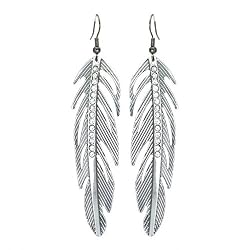 Silvertone Crystal Long 2" Feather Fashion Earrings