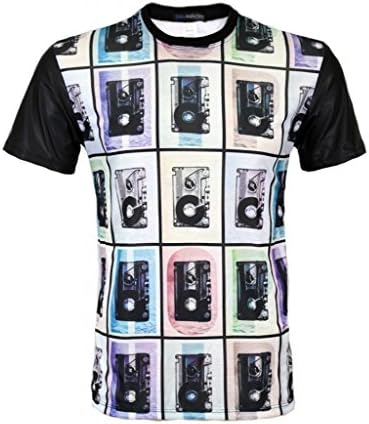 Bleu Evolution Men's Sublimation T-Shirt with PU Sleeves "80'S Cassette Tape", X-Large, Multi