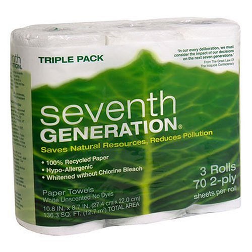 Seventh Generation Paper Towels, White, 2-Ply Sheets, 3-Count Packages (Pack of 10)