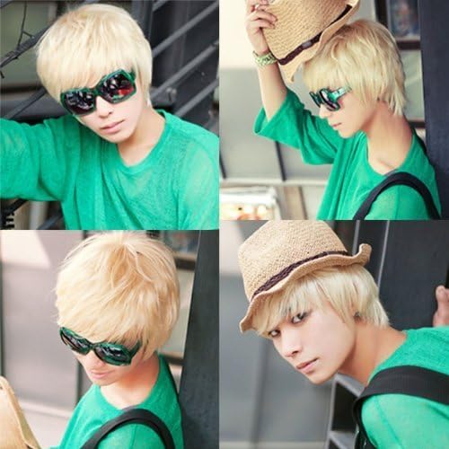 New Fashion Mens Blonde Handsome Short Straight Hair Wigs Cosplay Party Costume