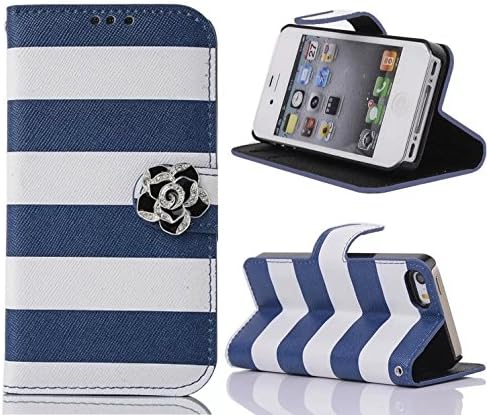 iPhone 5S Case,iPhone SE Case, Welity Cute Crystal Camellias Deep Blue Color Stripes Pu Leather Magnetic with wallet Case for Apple iPhone 5S/SE/5G