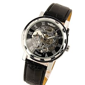 New Men's Black Dial Leather Band Strap Luxury Stainless Case Hand-Wind Up Mechanical Wrist Watch