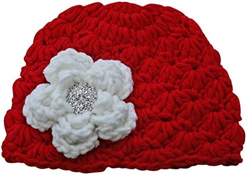Christmas Gift Handmade Newborn Baby Infant Crochet Flower Hat Newborn Beanie Hat Newborn Hospital Hat Arrival Gift Baby Shower Gift Photography Prop (Small-Newborn, Red and White)