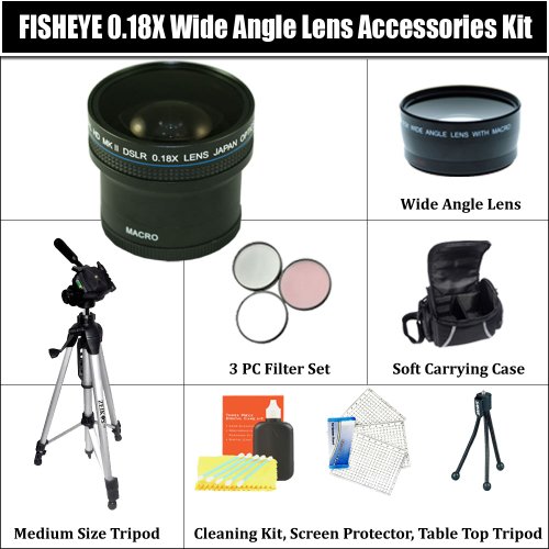 0.18X HD SUPER FISHEYE WIDE ANGLE LENS ACCESSORY KIT ALSO INCUDING 2X TELEPHOTO LENS + 3 PC FILTER KIT + FULL SIZE TRIPOD + CARRYING CASE + MORE!! FOR CANON DIGITAL REBEL XS 1000D.THESE LENSES AND FILTERS WILL ATTACH DIRECTLY TO THE FOLLOWING CANON LENSES 18-55mm, 75-300mm, 50mm 1.4 , 55-200mm