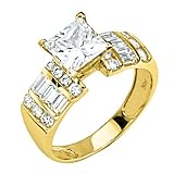 14K Yellow Gold Solitaire Princess CZ Cubic Zirconia High Polish Finish Ladies Wedding Engagement Ring Band with Baguette & Round Side Stone
