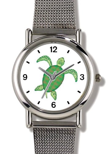 Green No.2 Sea Turtle or Tortoise with Fancy Shell Design - JP - WATCHBUDDY® ELITE Chrome-Plated Metal Alloy Watch with Metal Mesh Strap-Size-Small ( Standard Women's Size )