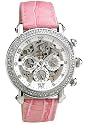 Davis - Montre Fashion Glow - Automatique Squelette - Bracelet en Cuir Rose - Cadran serti de brillants