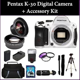 Pentax K-30 Digital Camera + Accessory Kit. Includes: Pentax K30(Body Only) - White, 3 Piece Filter Kit(UV-CPL-FLD), Digital Flash, 16GB Memory Card, Tripod, Carrying Case & much More..!! 15668