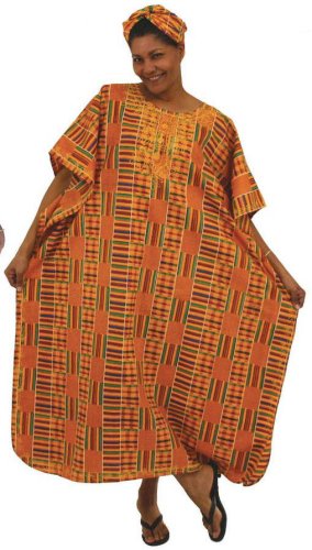Kente Kaftan With Scarf - Kente Pattern 1 - One Size Fits All - Orange