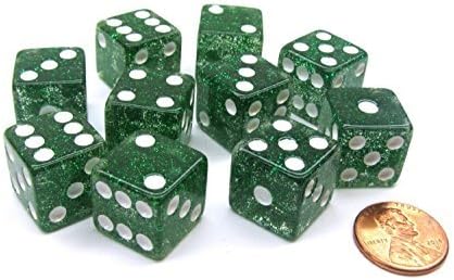 Koplow Games Set of 10 D6 16mm Glitter Dice - Green with White Pips