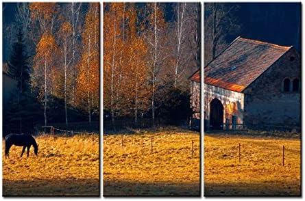 ClassiceDecorArt Wall Art Paintings - 3 Pieces Decor Art of Horses Rustic Farm Barn Buildings Autumn Fall Trees Painting - The pictures Print on Canvas for Modern Home Decor Decoration