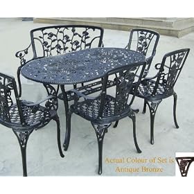 7pc Cast Aluminium Garden Furniture Set Oval Table 140x85cm, 4 Carver Armchairs, 2 Seater Bench and matching Parasol Base, Antique Bronze