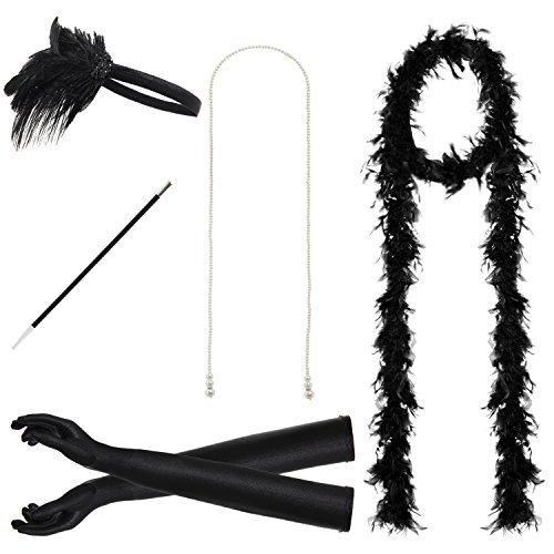 JustinCostume 1920s Accessories Headband Necklace Gloves Cigarette Holder Boa, B