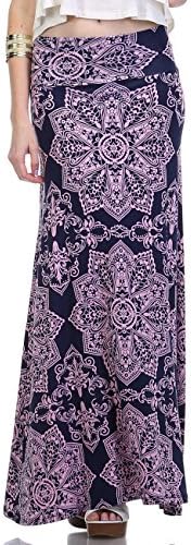 LeggingsQueen Women's High Waisted Rayon Spandex Printed Maxi Skirt (S2503-NV+PK, X-Large)