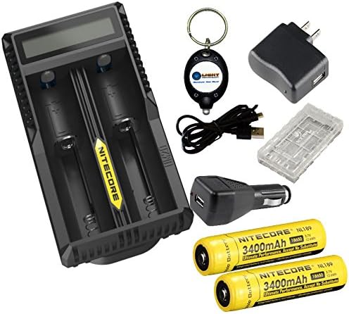 BUNDLE: Nitecore UM20 USB Li-ion Battery Charger For 18650/18490/18350/17670/17500/16340/14500/10440 w/ 1x 18650 Battery CASE, USB WALL & USB Car charger Plug, CHOICE of 2x 18650s and Lightjunction Keychain Light (3400mAh)
