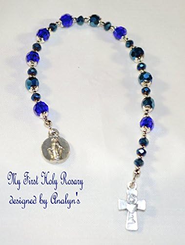 My First Holy Communion Pocket Rosary/Chaplet in Sapphire Swarovski Crystals - About 7 3/4"