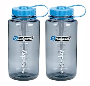 Nalgene Wide Mouth Water Bottle 32oz, Grey Bottle with Light Blue Cap, Set of 2