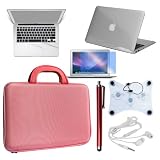 Skque 7 Accories for Apple MacBook Air 13.3: Clear Hard Plastic Crystal Case + 13.3 Inch Series LCD Screen Protector + Palm and Track Pad Protector for Laptop Notebook + 13.3inch Pink EVA Carrying Case + Red Aluminum Capacitive Stylus Pen + Laptop Notebook Cooler Pad w/ 3 Fans + White Headset
