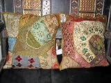 2 Khaki Tribal Embroidered Vintage Sari Toss Pillow Cushion Covers
