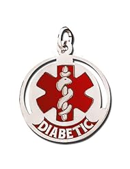 Sterling Silver Round "Diabetic" Medical ID Charm or Pendant W/ Red - Available In 4 Sizes